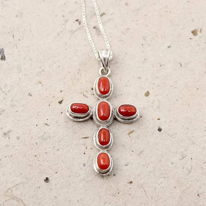 Deep Red Gem in Silver Cross Necklace