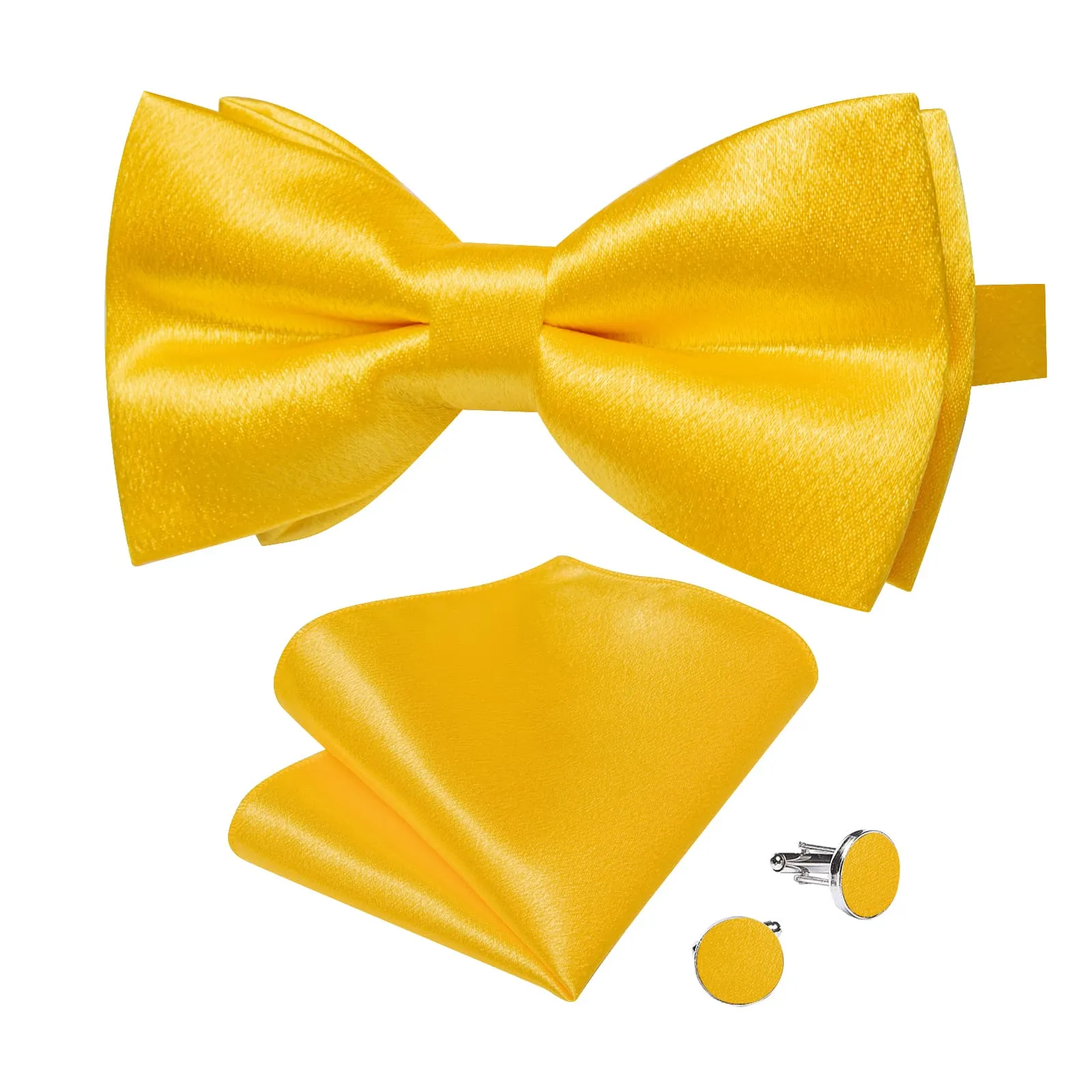 DiBanGu Silk Bow Tie Shining Butter Yellow Solid Mens Pre-Tied Bowtie Handkerchief Cufflinks Set