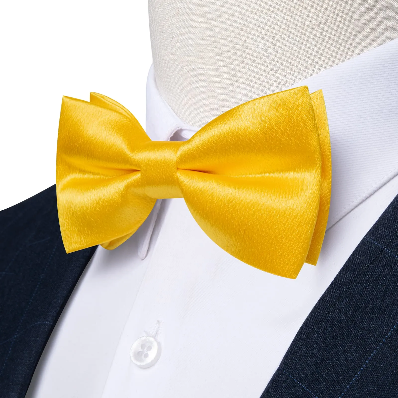 DiBanGu Silk Bow Tie Shining Butter Yellow Solid Mens Pre-Tied Bowtie Handkerchief Cufflinks Set