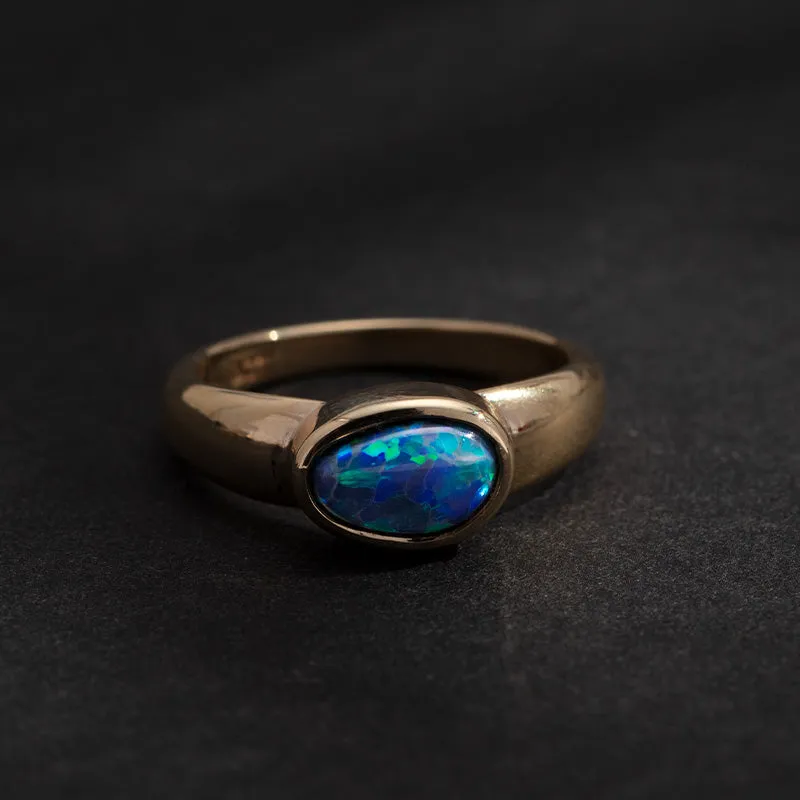 Ellipse Asymmetric Ring, Solid Black Opal, 9kt Yellow Gold