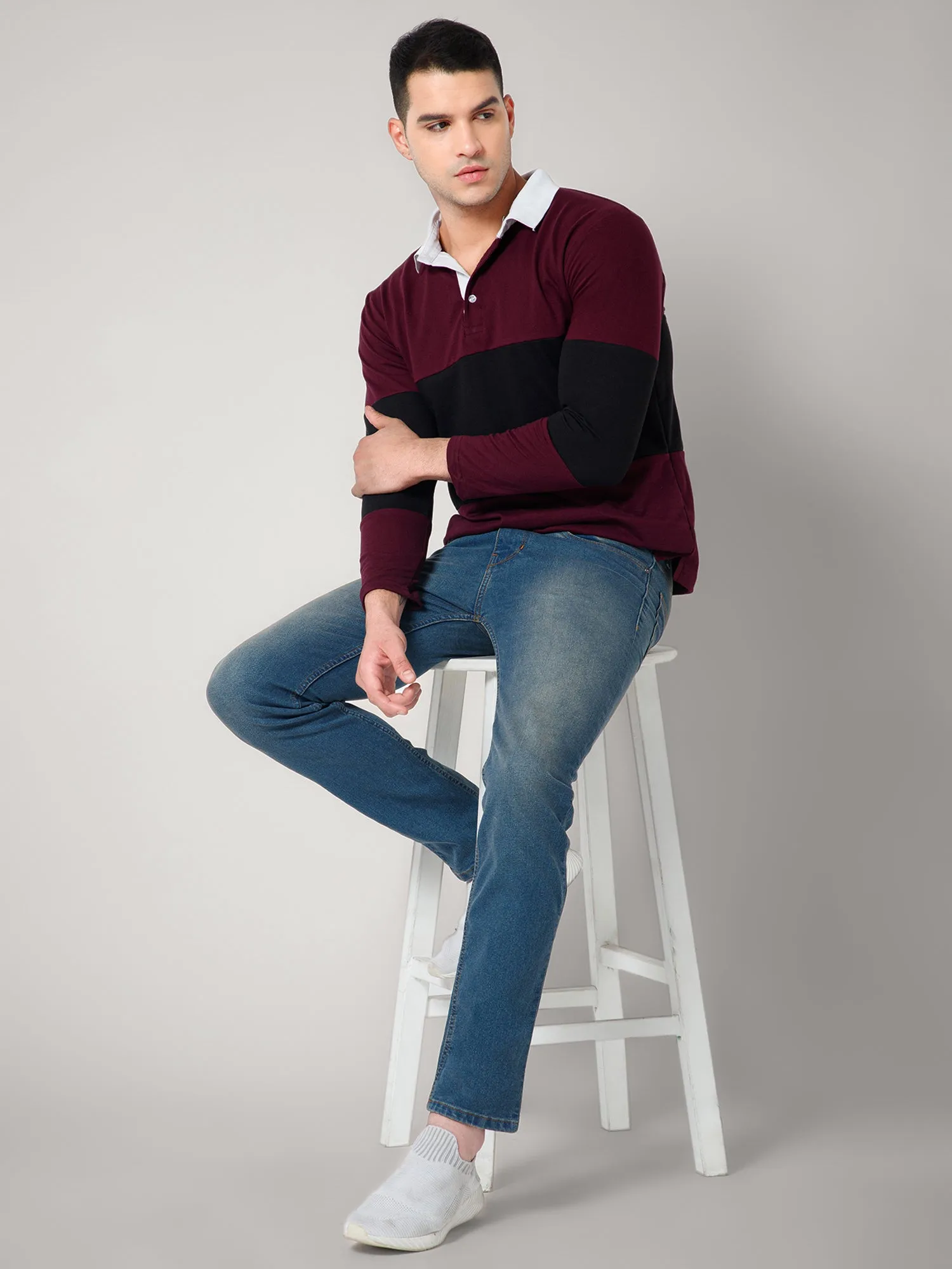 Full sleeves Wine Color Block Collar T-shirts