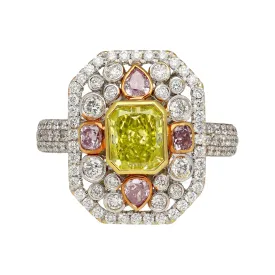 GIA Certified 1.15 Carat Radiant Cut Fancy Intense Yellowish Green Diamond Ring With Pink/White Side Stones