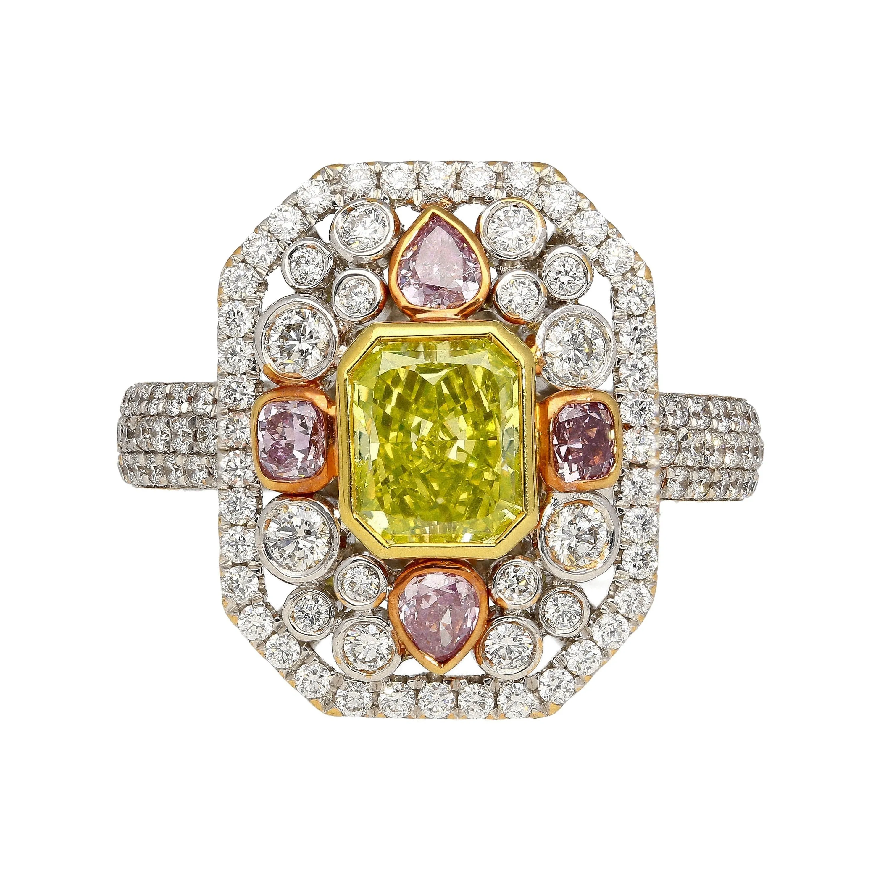 GIA Certified 1.15 Carat Radiant Cut Fancy Intense Yellowish Green Diamond Ring With Pink/White Side Stones