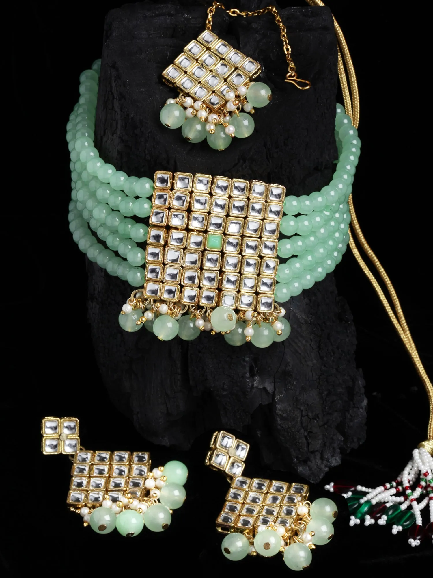 Gold-Plated Embellished Kundan and Mint Green Beads Handcrafted Choker Necklace Set