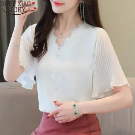 Joskaa Christmas Gift Elegant Summer Blouses Women Flare Sleeve Chiffon Shirt with Lace Tops S-3XL 2024 New V-neck White Casual 3XL Plus Size 14176