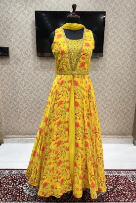 Lemon Yellow Mirror, Zardozi and Stone work with Floral Print Floor Length Anarkali Suit