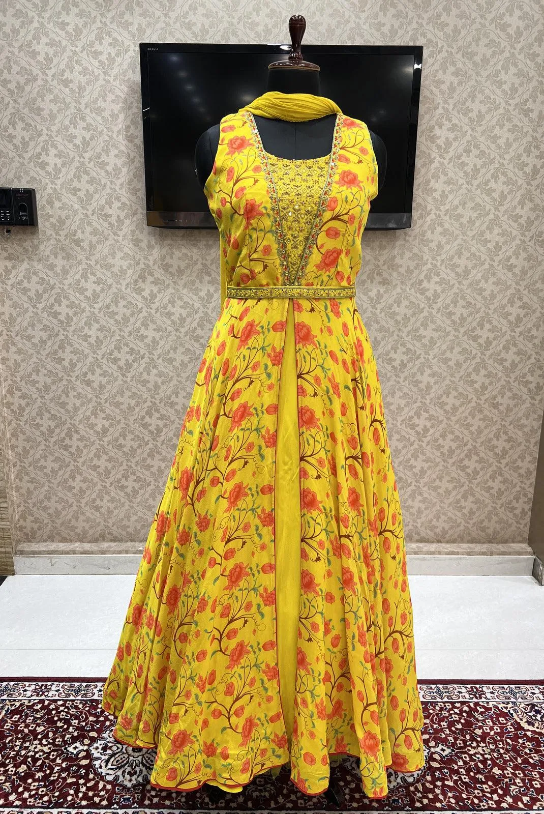 Lemon Yellow Mirror, Zardozi and Stone work with Floral Print Floor Length Anarkali Suit