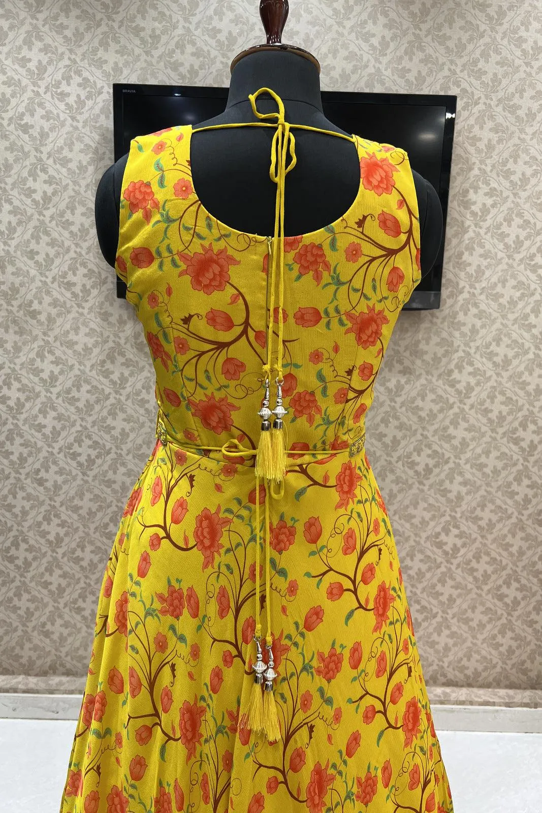 Lemon Yellow Mirror, Zardozi and Stone work with Floral Print Floor Length Anarkali Suit