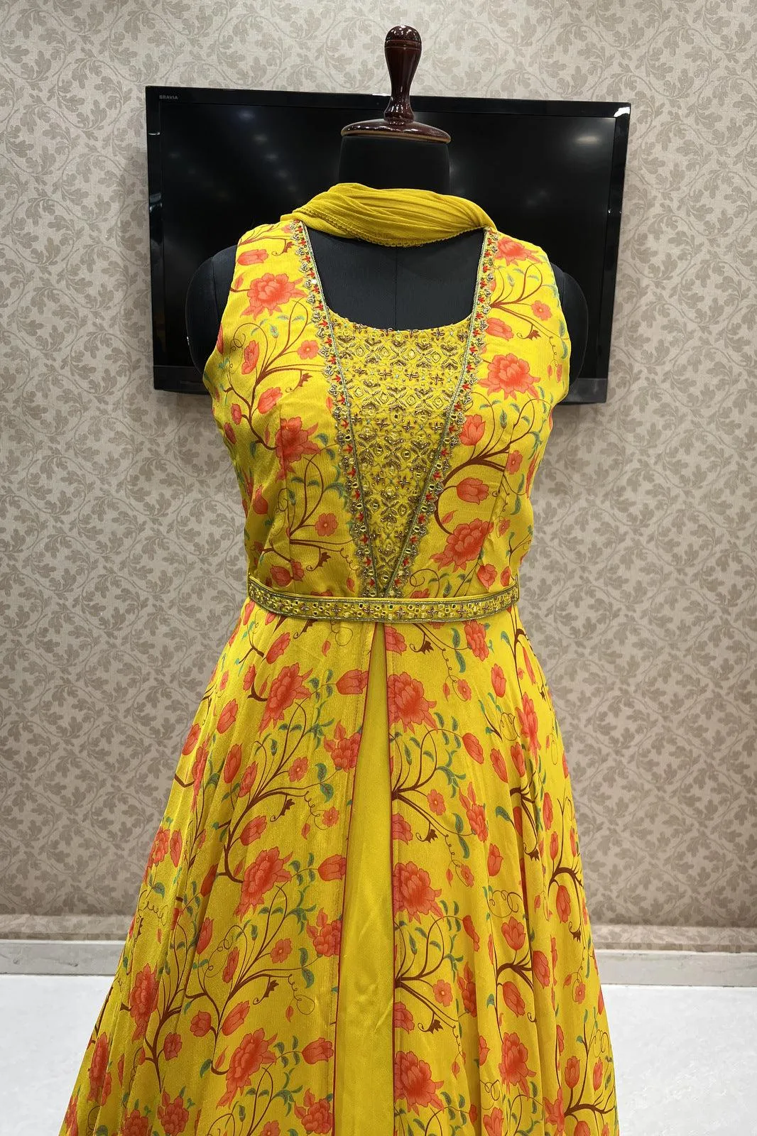 Lemon Yellow Mirror, Zardozi and Stone work with Floral Print Floor Length Anarkali Suit