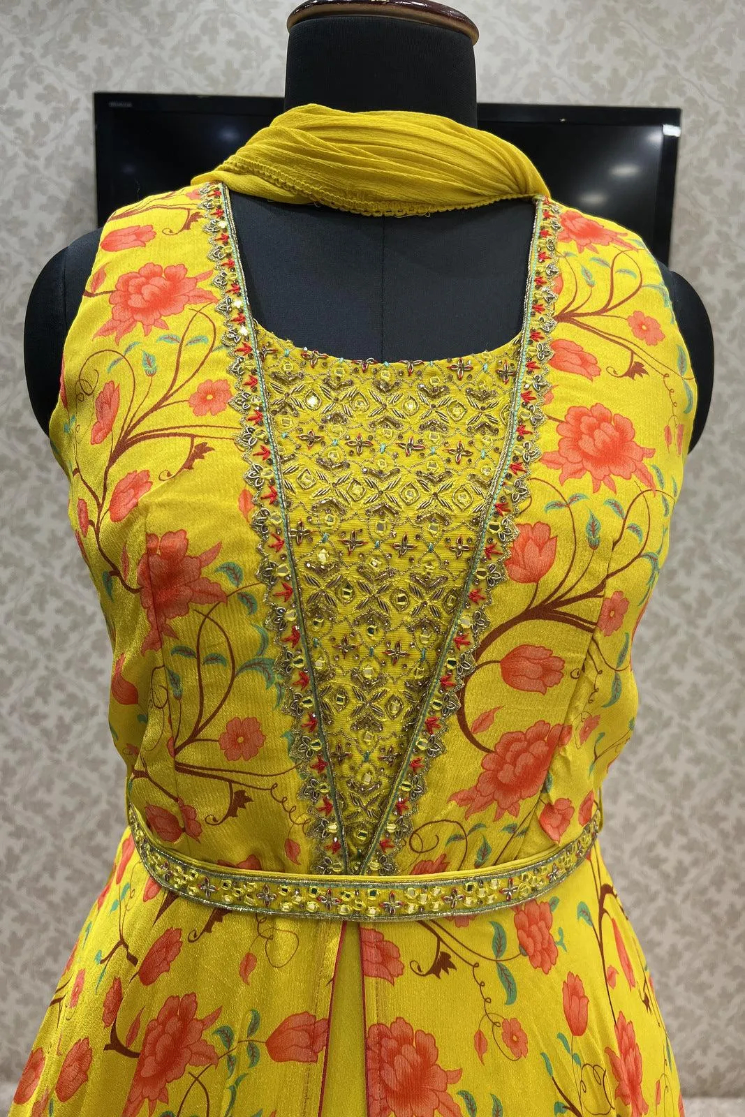 Lemon Yellow Mirror, Zardozi and Stone work with Floral Print Floor Length Anarkali Suit