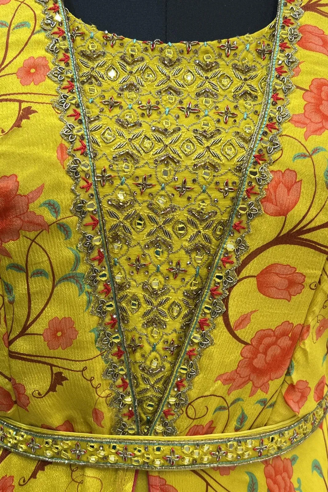 Lemon Yellow Mirror, Zardozi and Stone work with Floral Print Floor Length Anarkali Suit