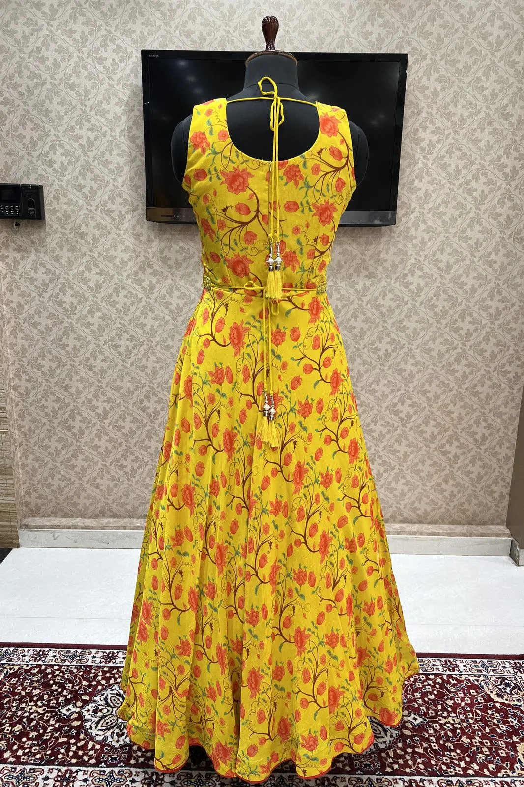 Lemon Yellow Mirror, Zardozi and Stone work with Floral Print Floor Length Anarkali Suit