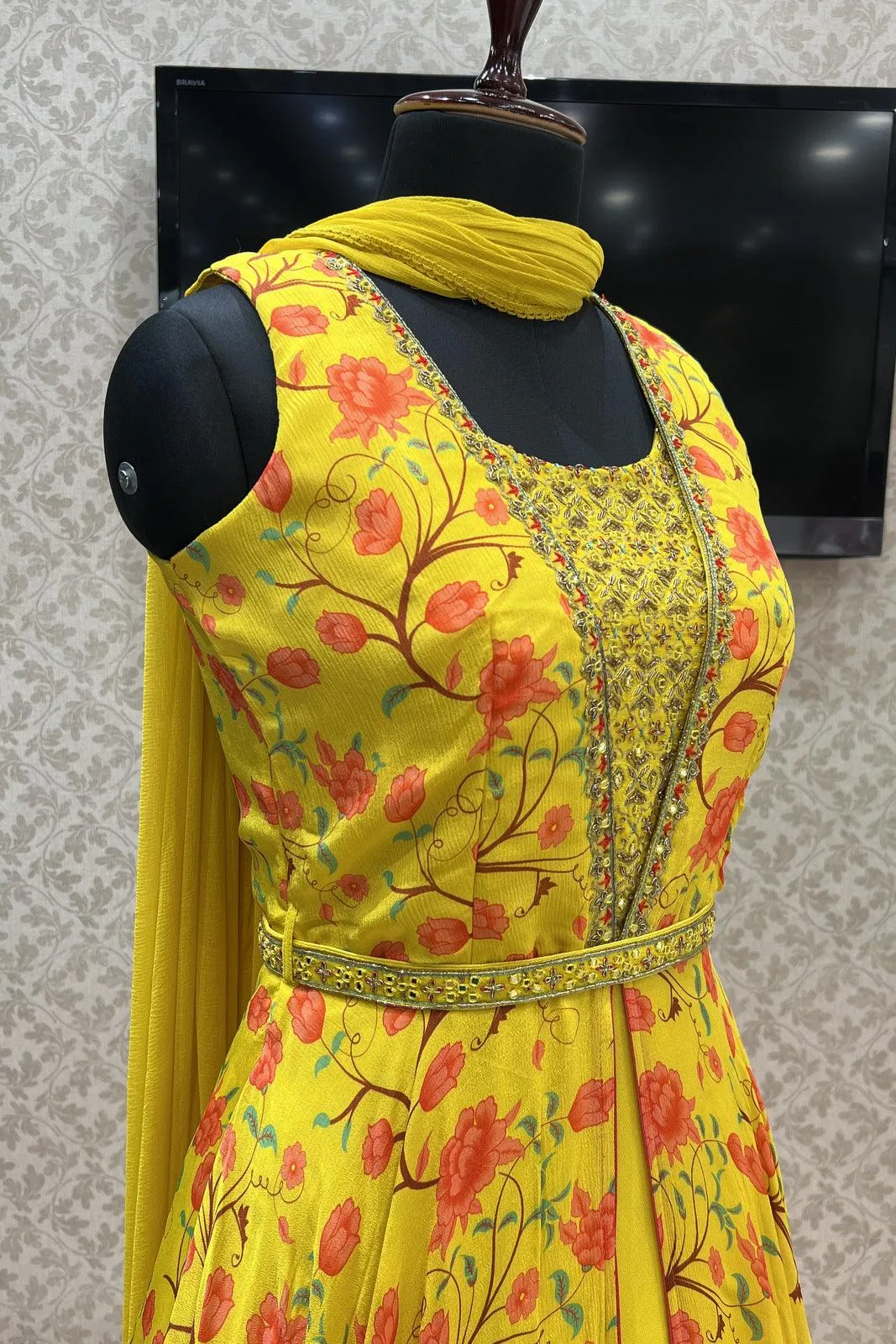 Lemon Yellow Mirror, Zardozi and Stone work with Floral Print Floor Length Anarkali Suit