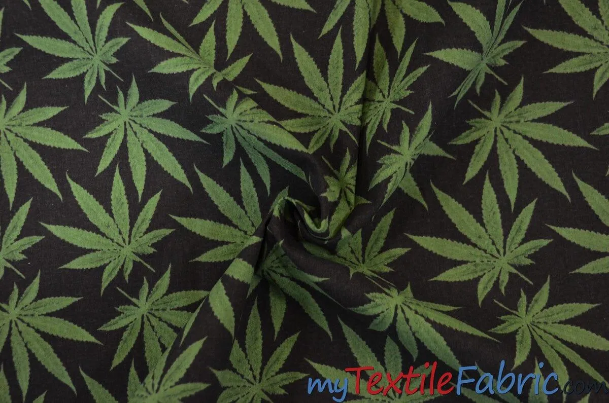 Marijuana Cannabis Leaf Cotton Fabric | 100% Cotton Print | 60" Wide | Ganja Flower Cotton Print | Hemp Leaf Cotton Print | Face Mask, Shirts, Herb Fabric |