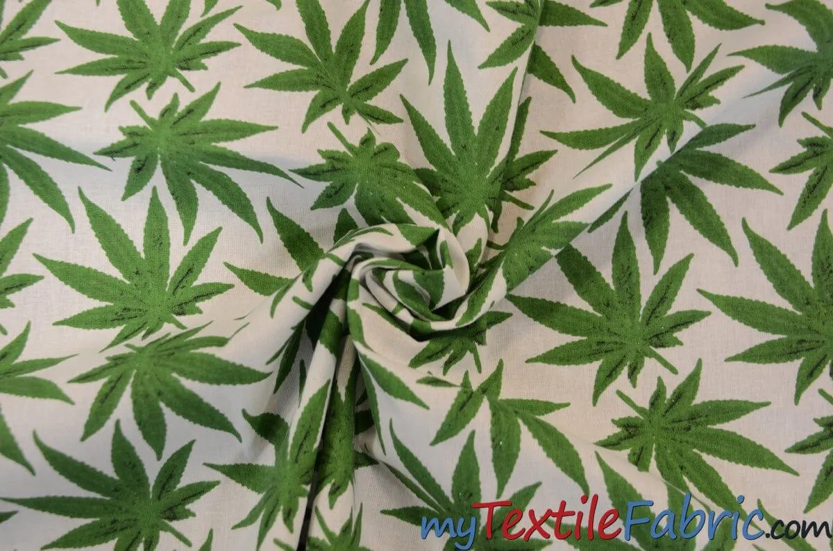 Marijuana Cannabis Leaf Cotton Fabric | 100% Cotton Print | 60" Wide | Ganja Flower Cotton Print | Hemp Leaf Cotton Print | Face Mask, Shirts, Herb Fabric |