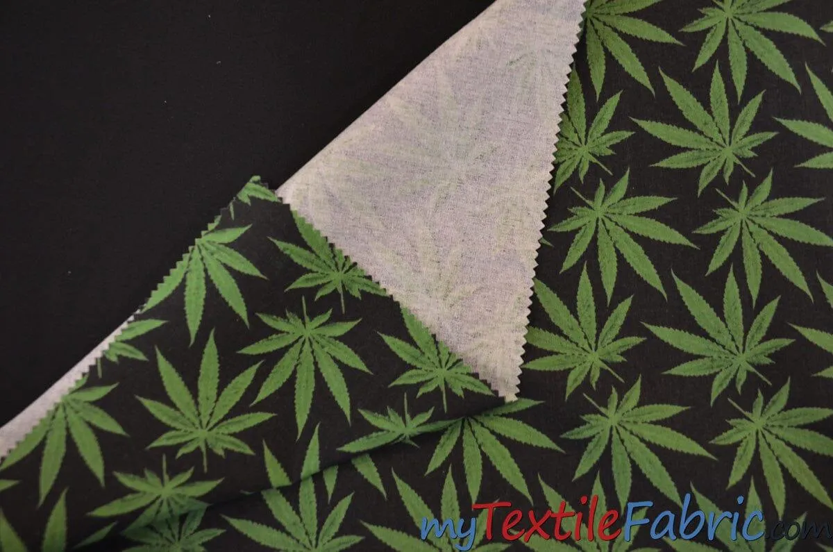 Marijuana Cannabis Leaf Cotton Fabric | 100% Cotton Print | 60" Wide | Ganja Flower Cotton Print | Hemp Leaf Cotton Print | Face Mask, Shirts, Herb Fabric |