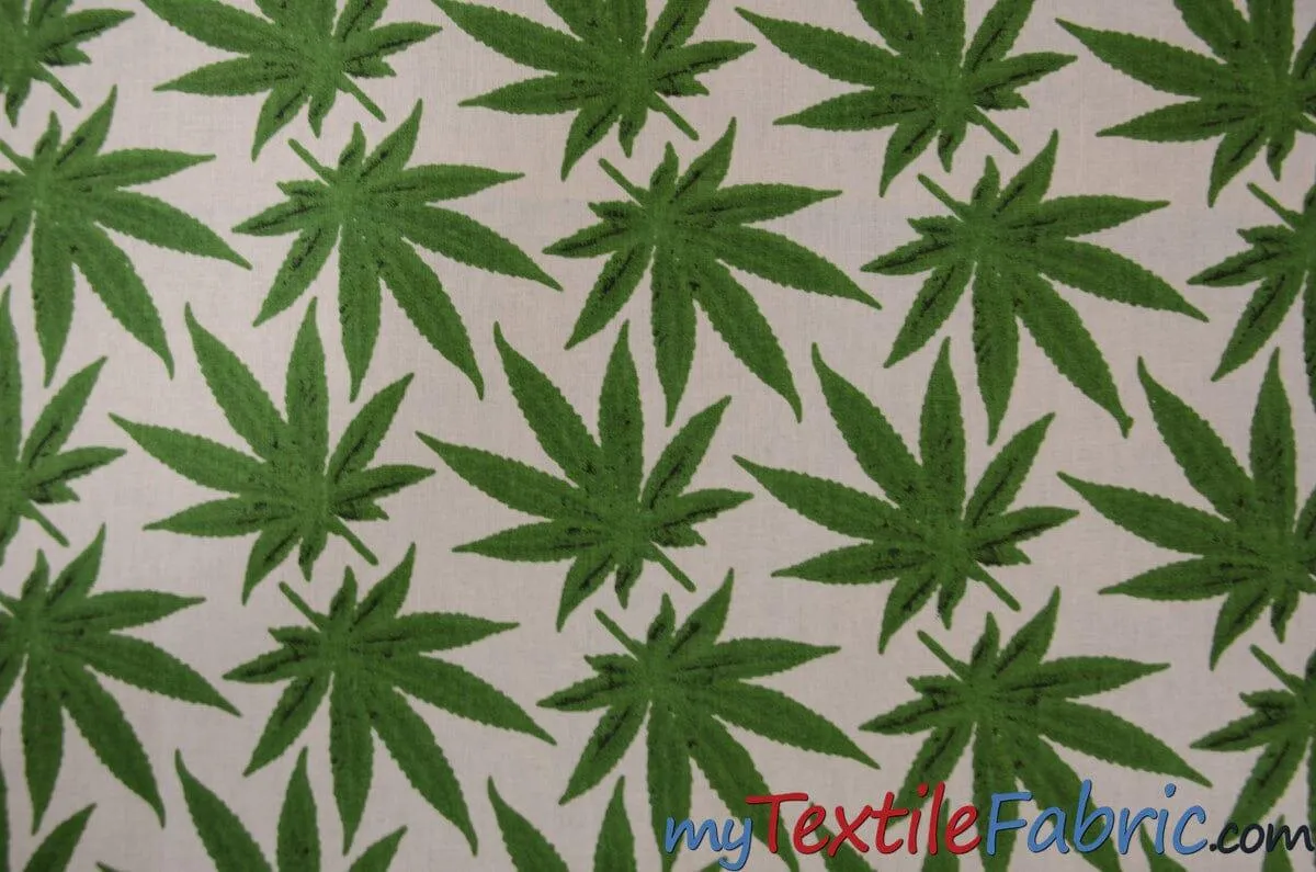 Marijuana Cannabis Leaf Cotton Fabric | 100% Cotton Print | 60" Wide | Ganja Flower Cotton Print | Hemp Leaf Cotton Print | Face Mask, Shirts, Herb Fabric |