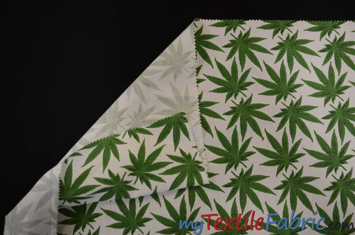 Marijuana Cannabis Leaf Cotton Fabric | 100% Cotton Print | 60" Wide | Ganja Flower Cotton Print | Hemp Leaf Cotton Print | Face Mask, Shirts, Herb Fabric |