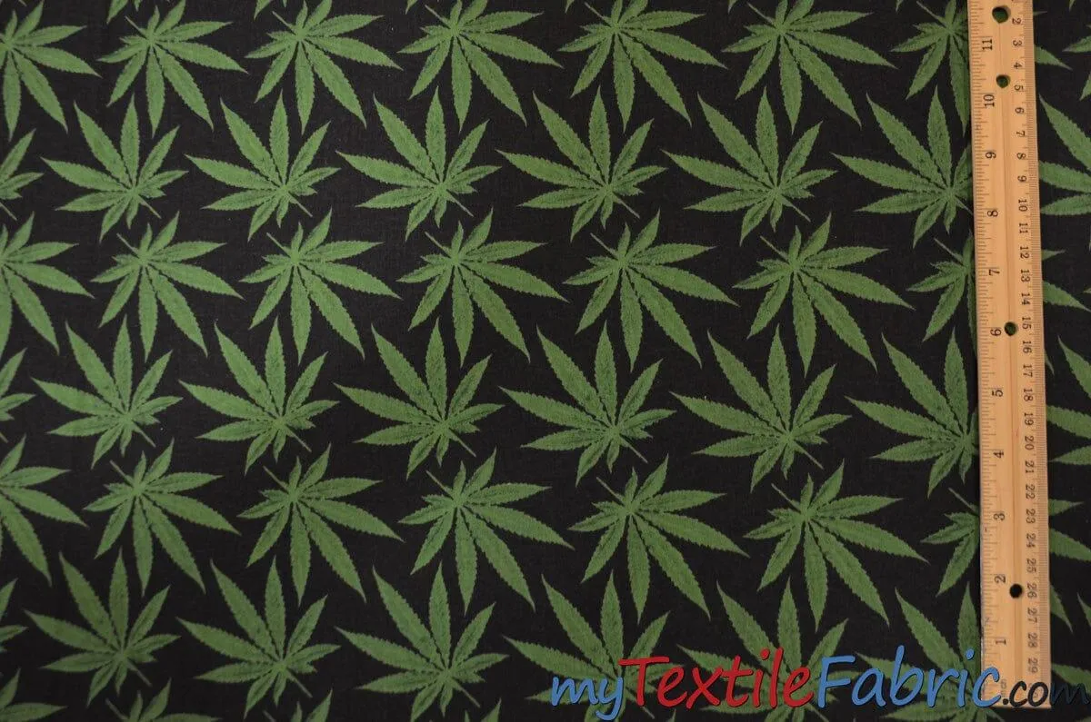 Marijuana Cannabis Leaf Cotton Fabric | 100% Cotton Print | 60" Wide | Ganja Flower Cotton Print | Hemp Leaf Cotton Print | Face Mask, Shirts, Herb Fabric |