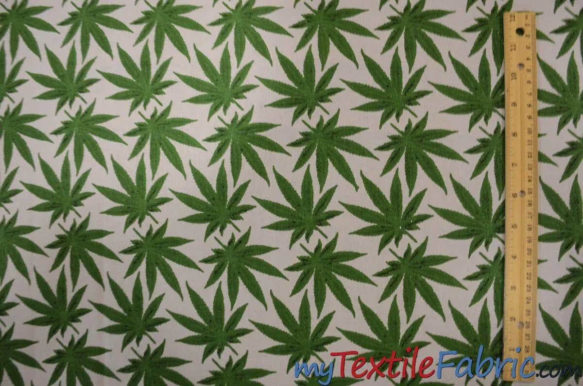 Marijuana Cannabis Leaf Cotton Fabric | 100% Cotton Print | 60" Wide | Ganja Flower Cotton Print | Hemp Leaf Cotton Print | Face Mask, Shirts, Herb Fabric |