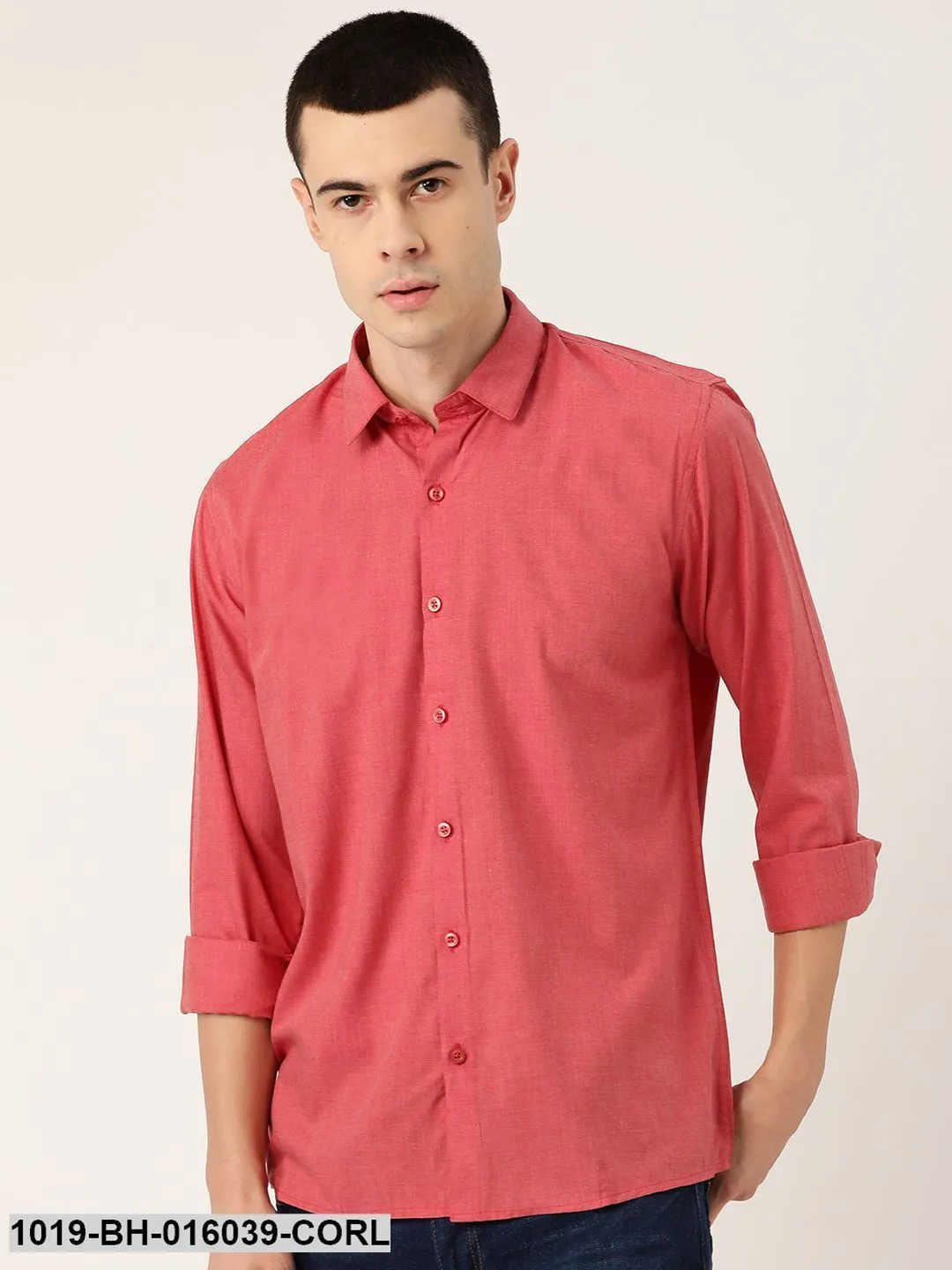 Men's Cotton Coral Red Casual Shirt - Sojanya