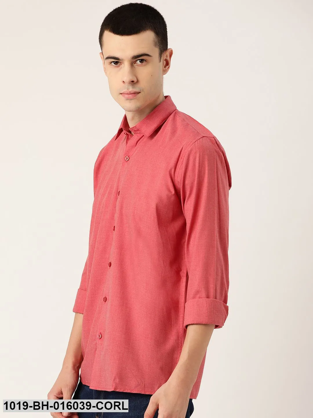 Men's Cotton Coral Red Casual Shirt - Sojanya