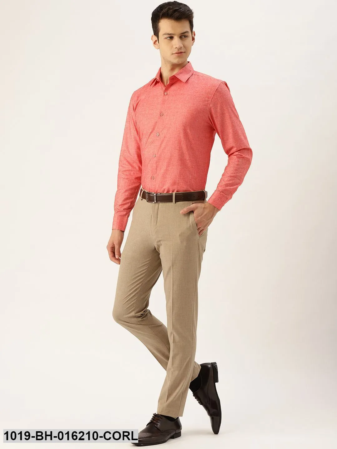 Men's Cotton Linen Coral Solid Formal Shirt - Sojanya