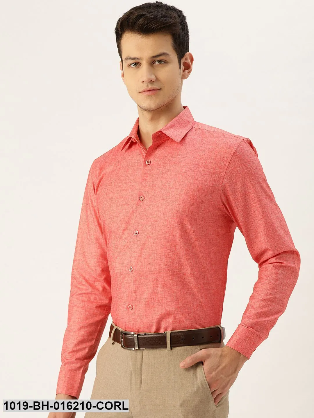 Men's Cotton Linen Coral Solid Formal Shirt - Sojanya