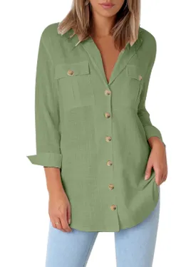 Mint Green Long Cuffed Sleeves Lapel Button-Up Blouse