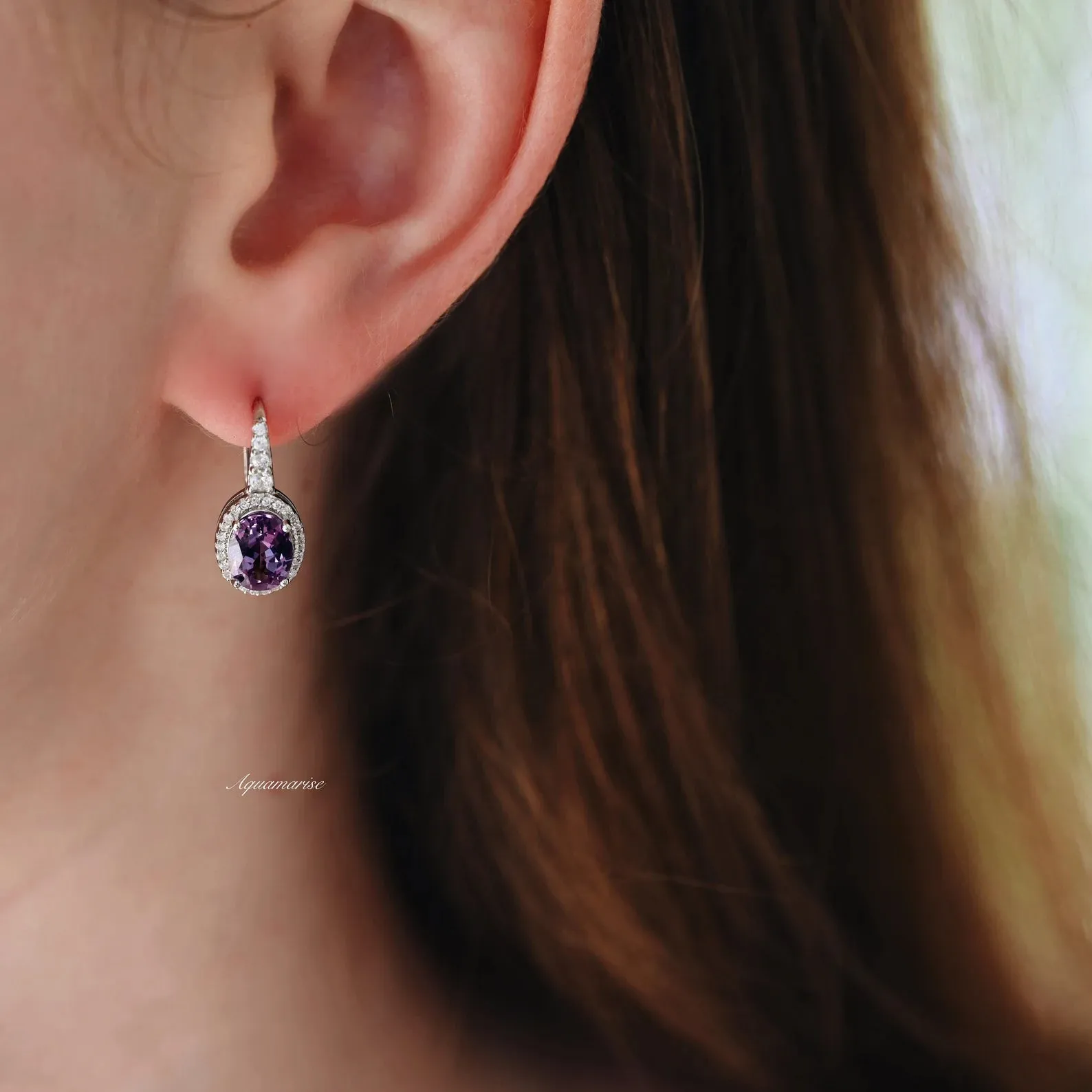 Oval Halo Alexandrite Earrings- Sterling Silver