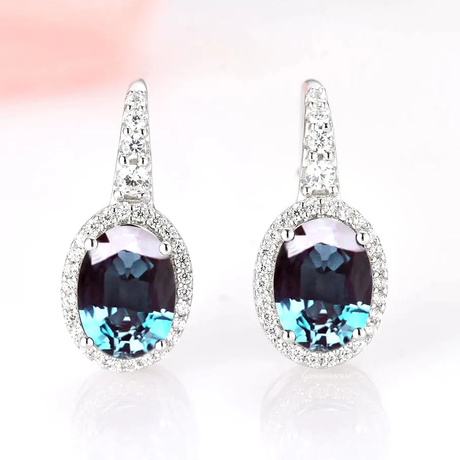 Oval Halo Alexandrite Earrings- Sterling Silver