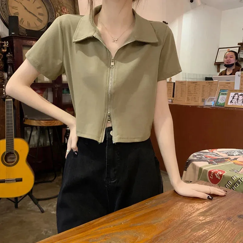 Polo Summer French Chic Zipper Female T-shirts Solid Color Slim Casual Simple Office Ladies Women Blouses Green Black