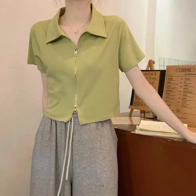 Polo Summer French Chic Zipper Female T-shirts Solid Color Slim Casual Simple Office Ladies Women Blouses Green Black