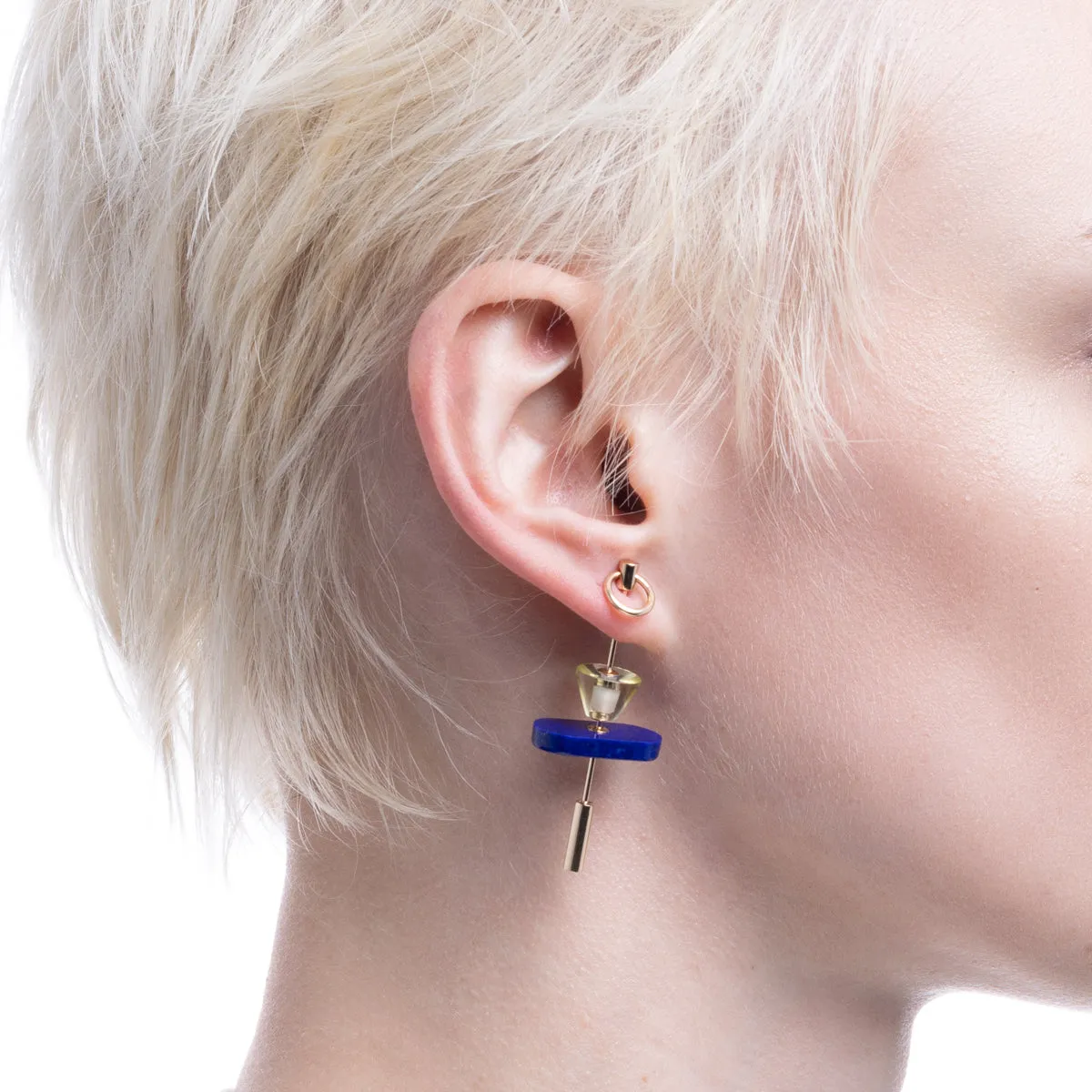 "Spear" Door Knocker Earring  Large size, Lapis lazuli & Lemon Quartz