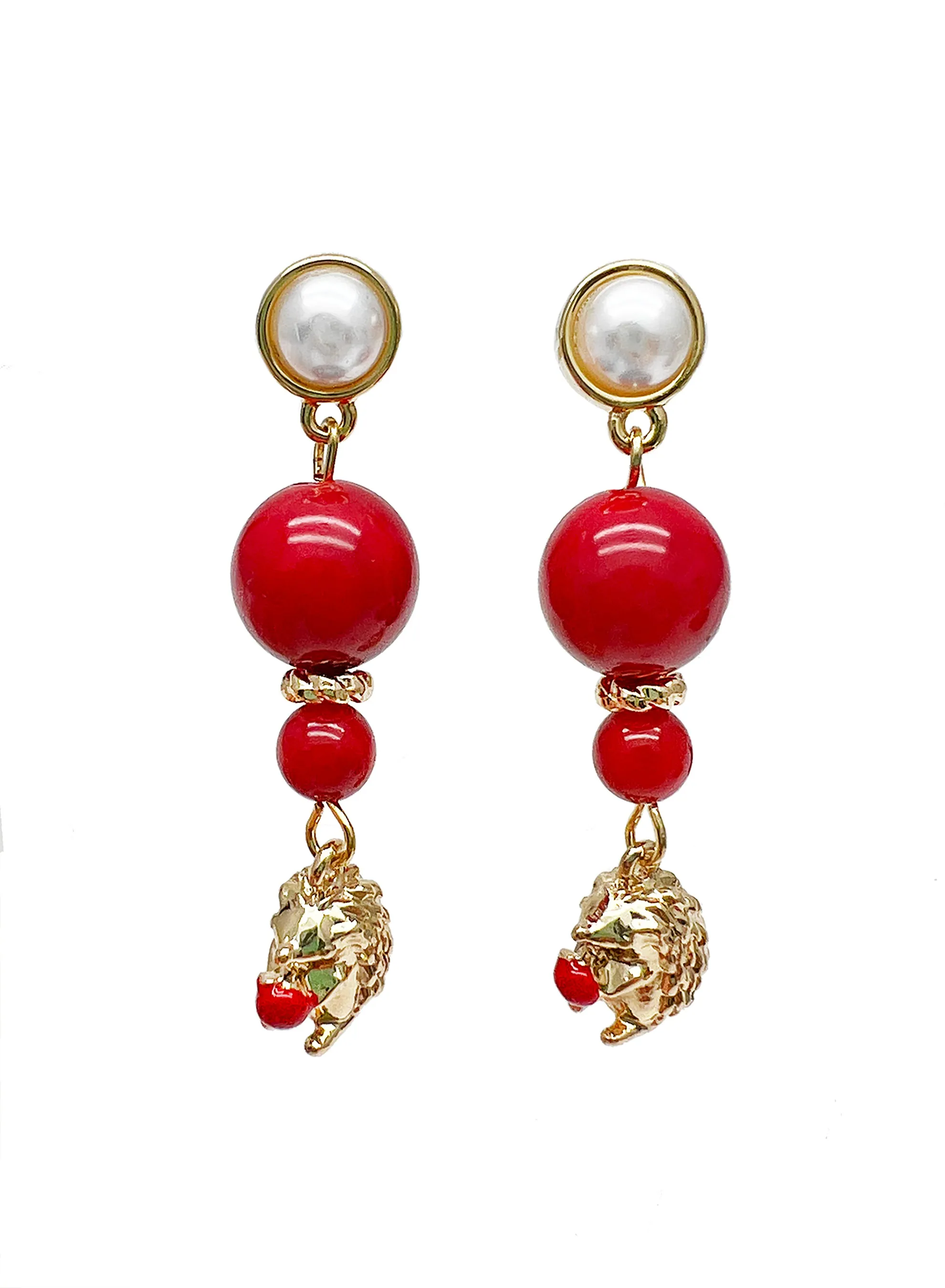 Red Coral With hedgehog Pendant Stud Earrings JE001