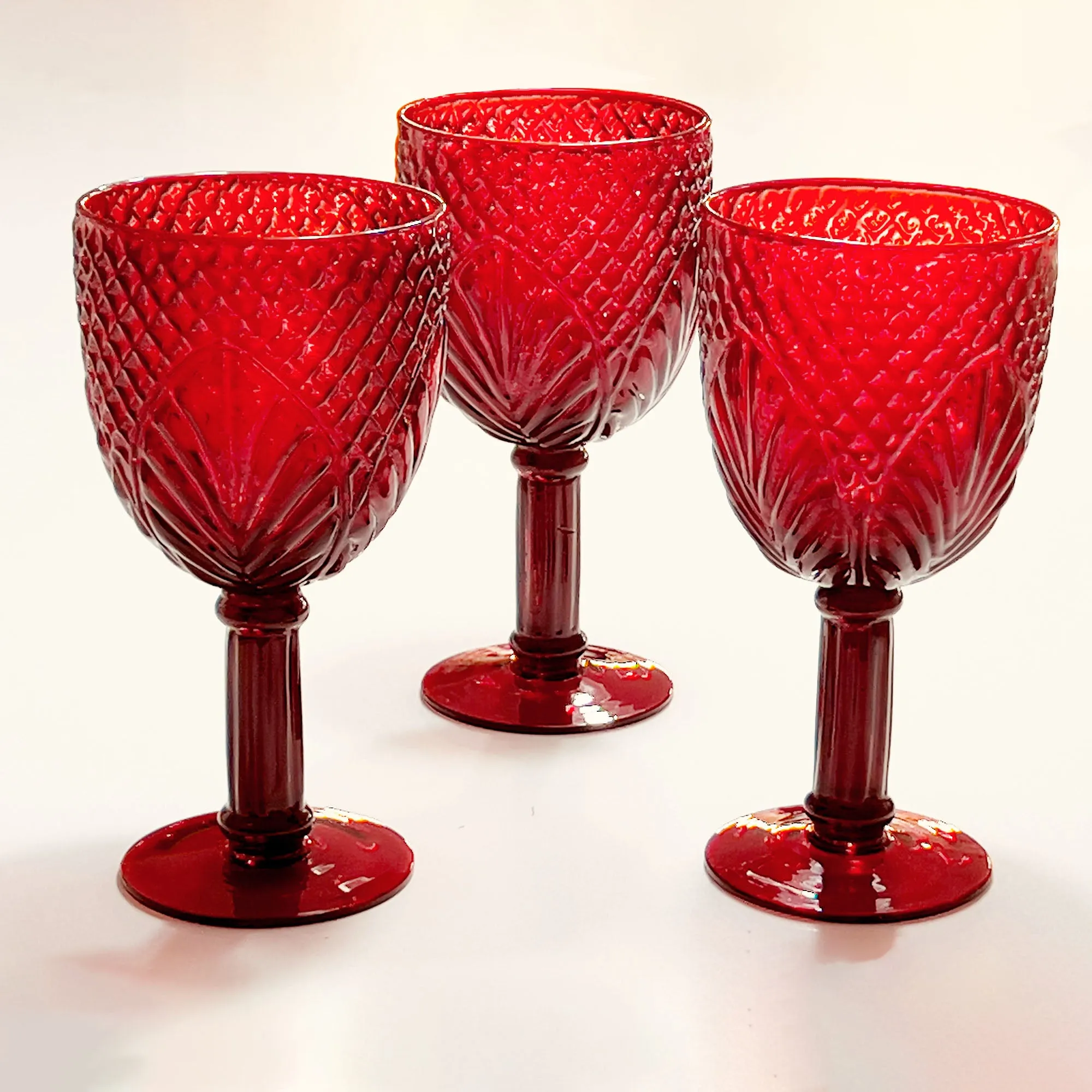 Red Glass Water Goblet Set, Diamond Fan Design 7-in.