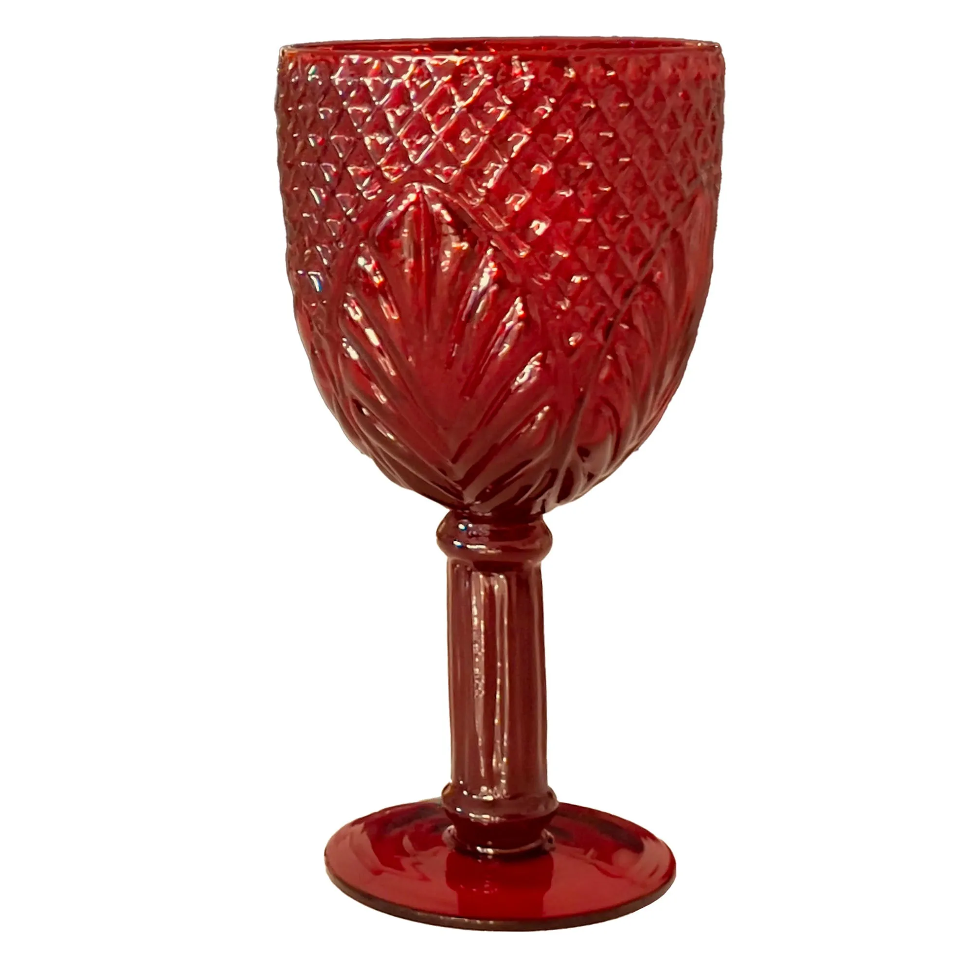 Red Glass Water Goblet Set, Diamond Fan Design 7-in.