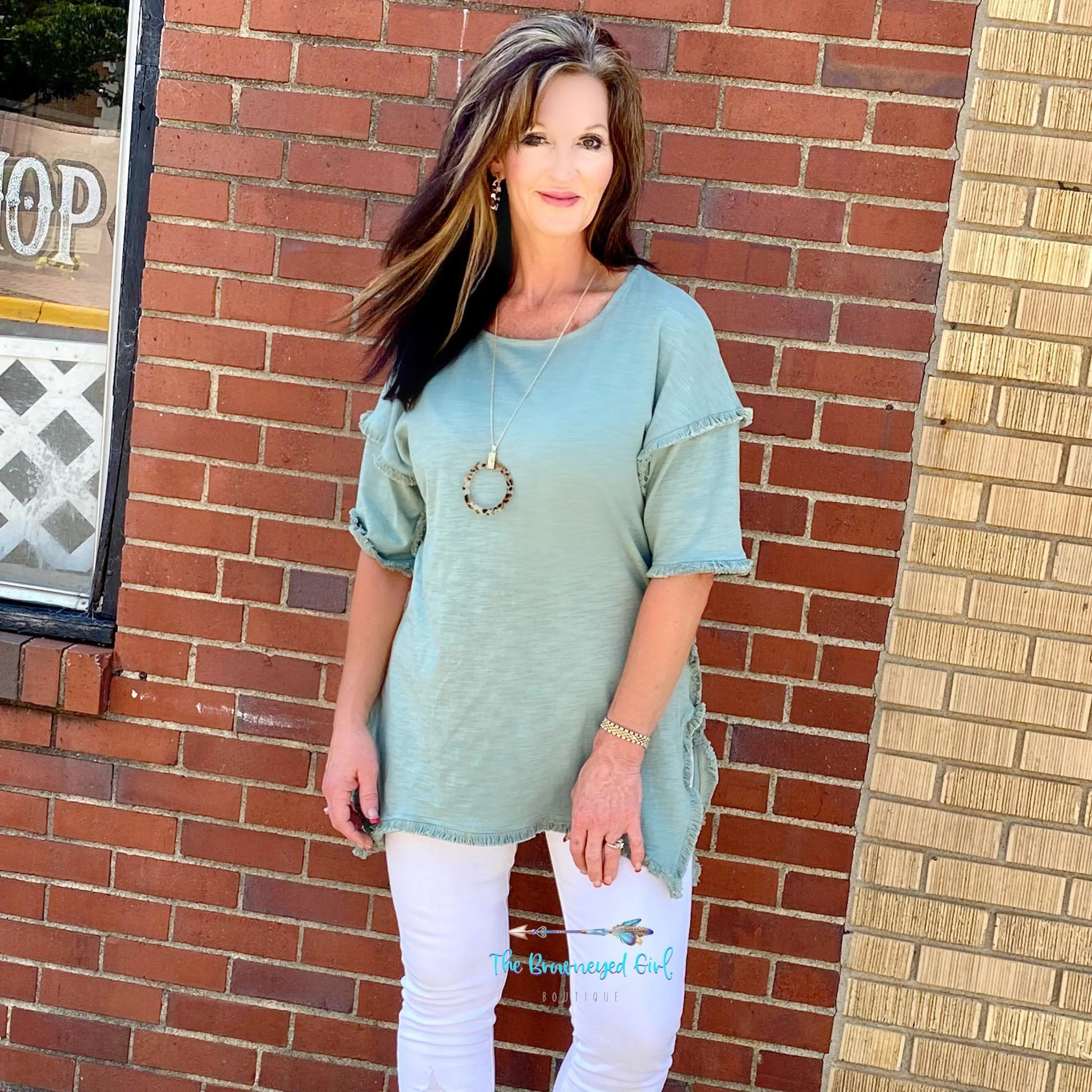 Sage Mint Frayed Hem Tunic Top Umgee