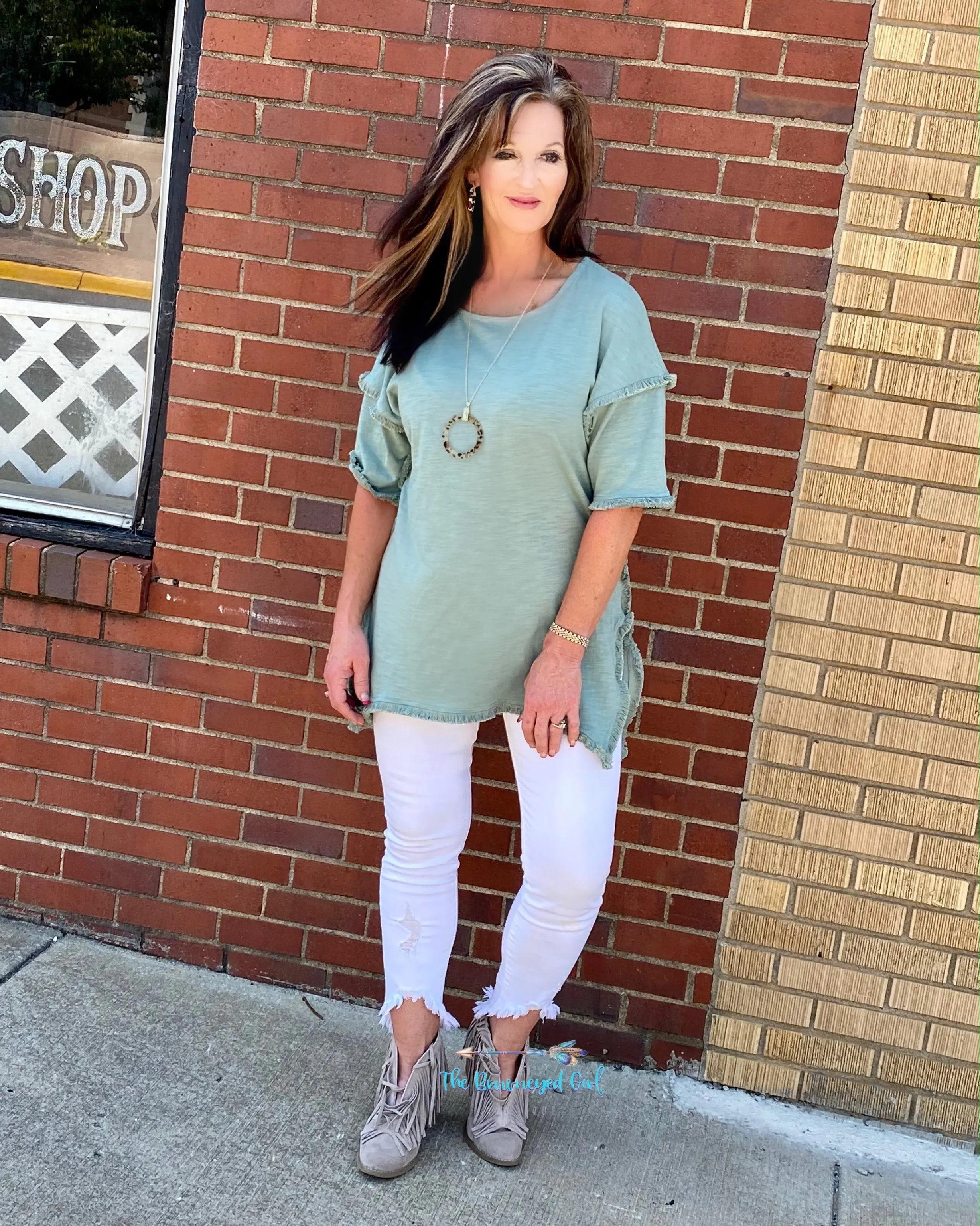 Sage Mint Frayed Hem Tunic Top Umgee