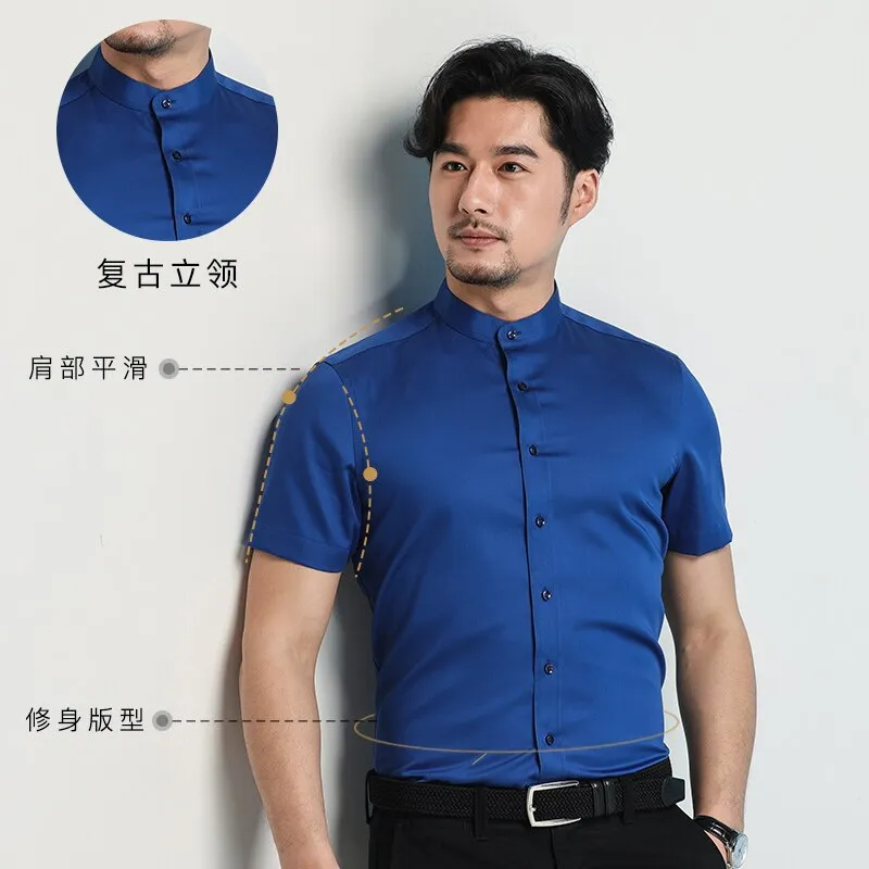 Shirt Men's Short Sleeve Business Casual Slim Fit Cotton Korean Fashion Solid Summer Shirt Chinese Style Men's Wear