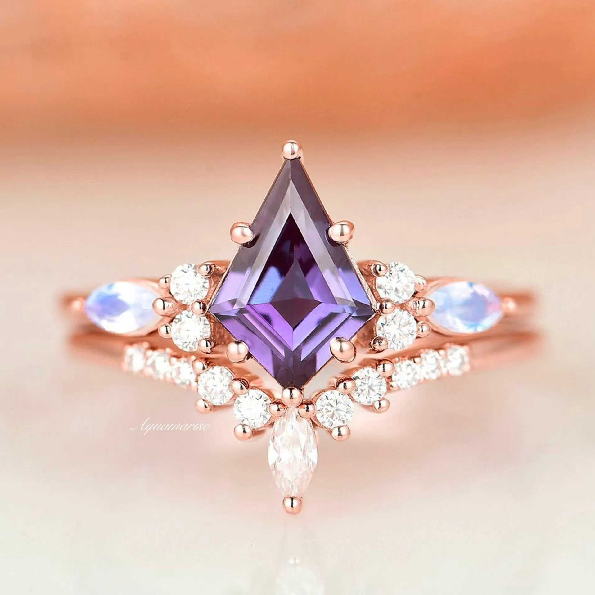 Skye Alexandrite & Moonstone Ring Set- 14K Rose Gold Vermeil