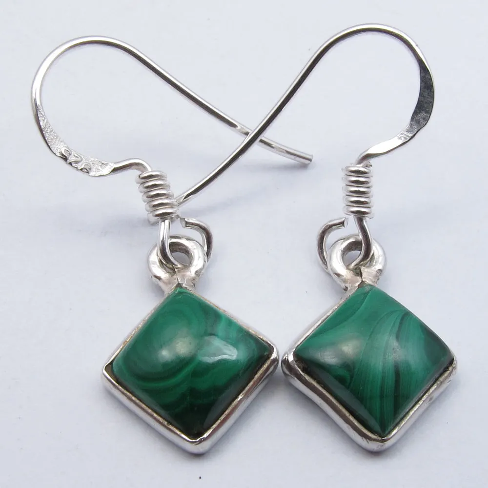 Solid Silver Malachite Drop Simple Earrings