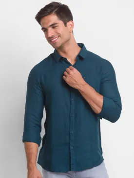 Spykar Dark Teal Green Cotton Full Sleeve Plain Shirt For Men