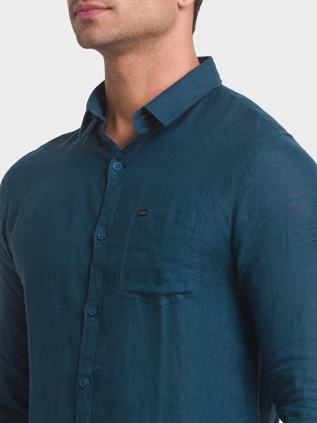 Spykar Dark Teal Green Cotton Full Sleeve Plain Shirt For Men