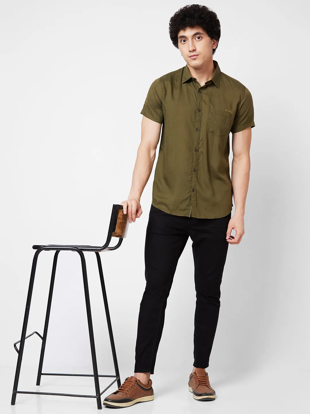 Spykar Green SOLID HALF SLEEVE Shirt For Men