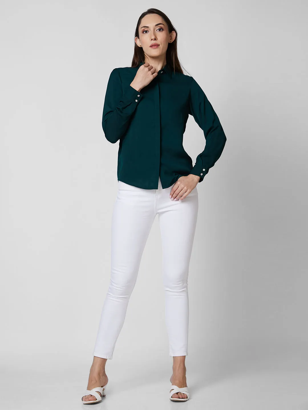 Spykar Green Solid Shirt For Women