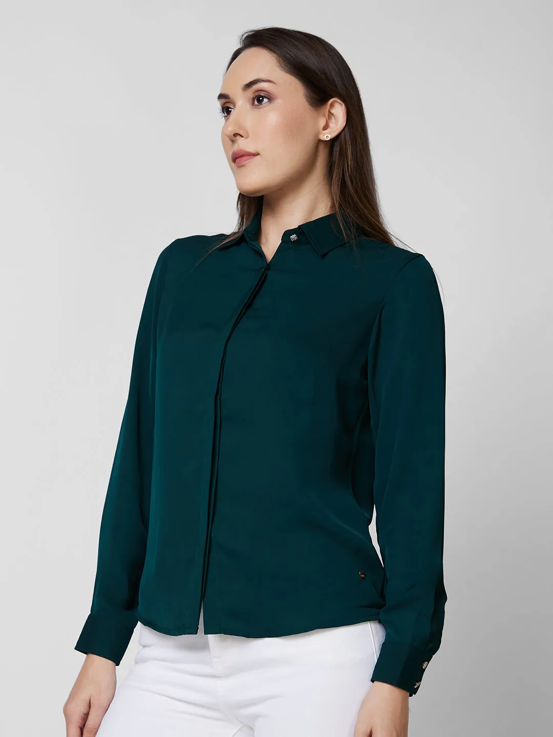 Spykar Green Solid Shirt For Women