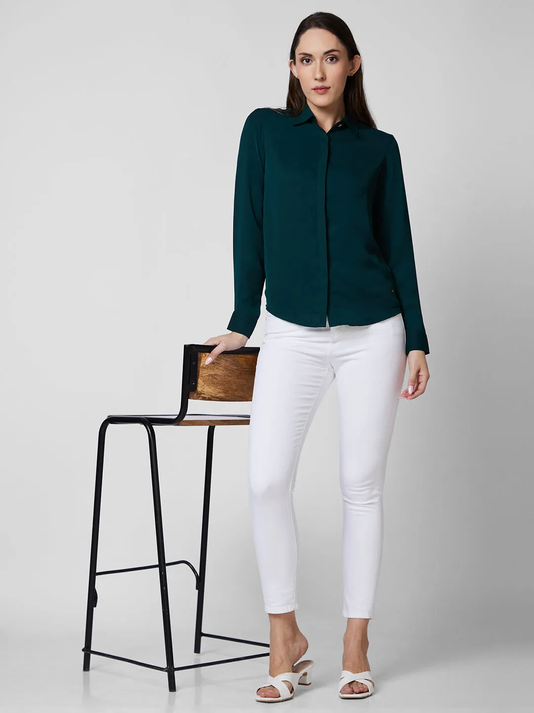 Spykar Green Solid Shirt For Women