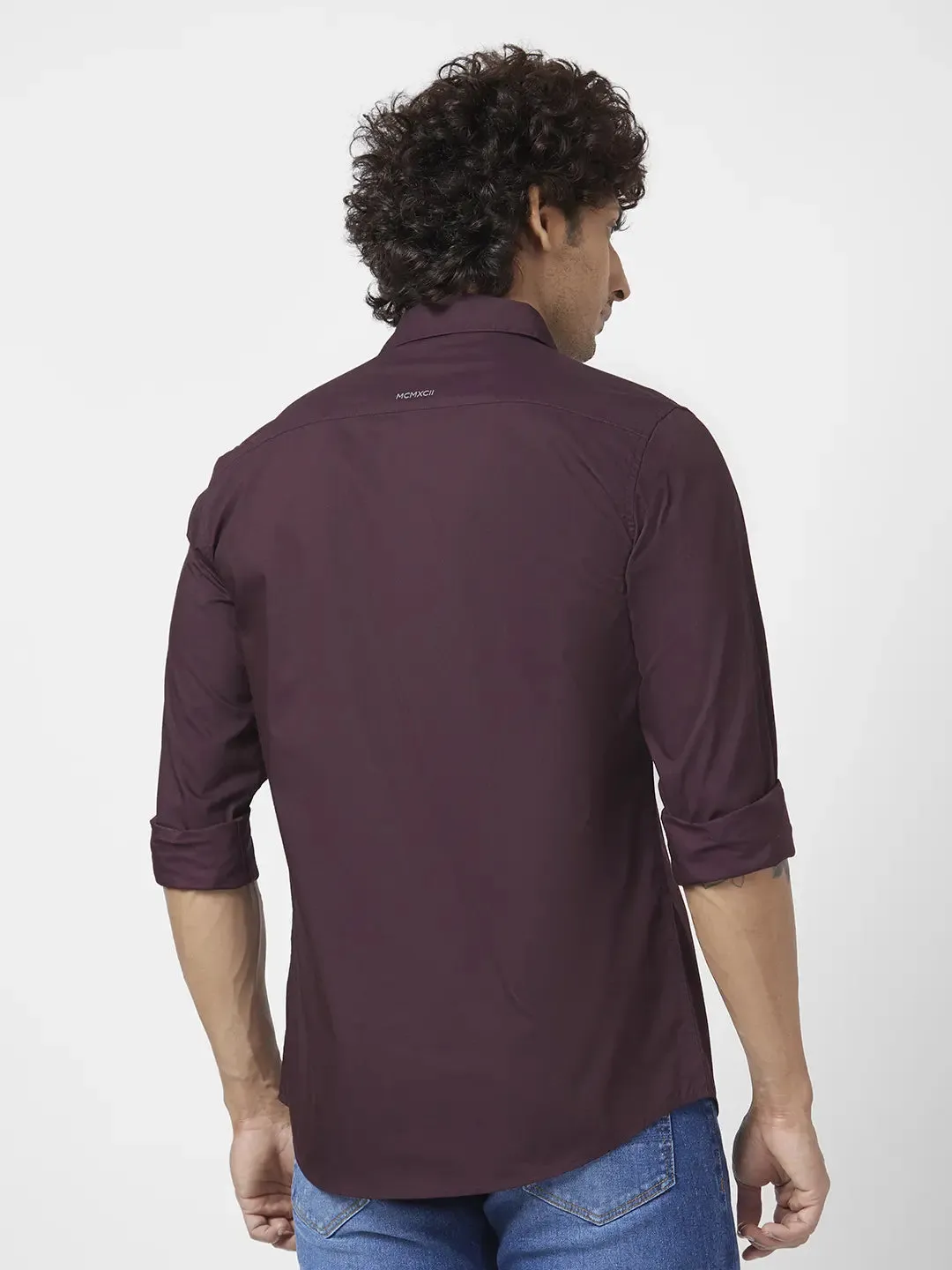 Spykar Men Deep Wine Red Dyed Regular Slim Fit Full Sleeve Plain Shirt