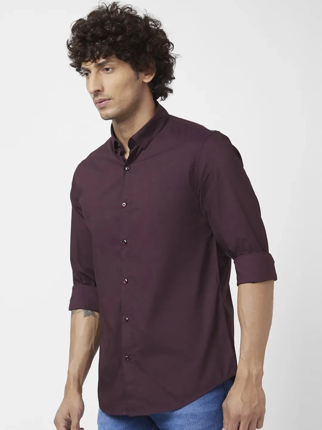 Spykar Men Deep Wine Red Dyed Regular Slim Fit Full Sleeve Plain Shirt